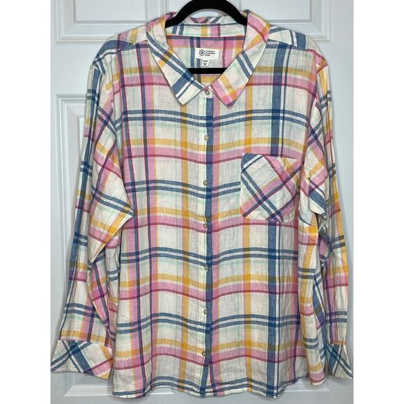 Candace Cameron Bure Linen Blend 2XP Button Front Shirt Pink Blue Yellow Plaid - Picture 2 of 7